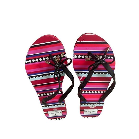 Kate Spade Womens Red Pink Bow Rubber Striped Flip Flops Slippers Size 9 - Picture 2 of 9